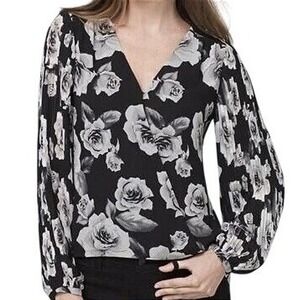 White House Black Market Rose Floral Pleated Balloon Sleeve Blouse Black Size 10